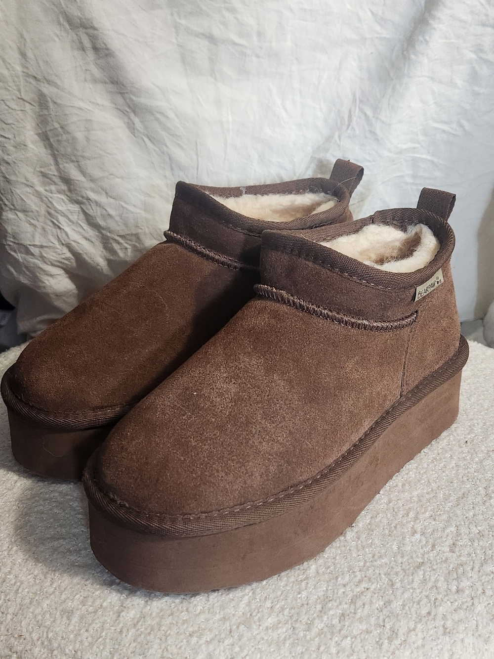 BearPaw Brown Suede Platform Shearling-Lined Ankle Boots